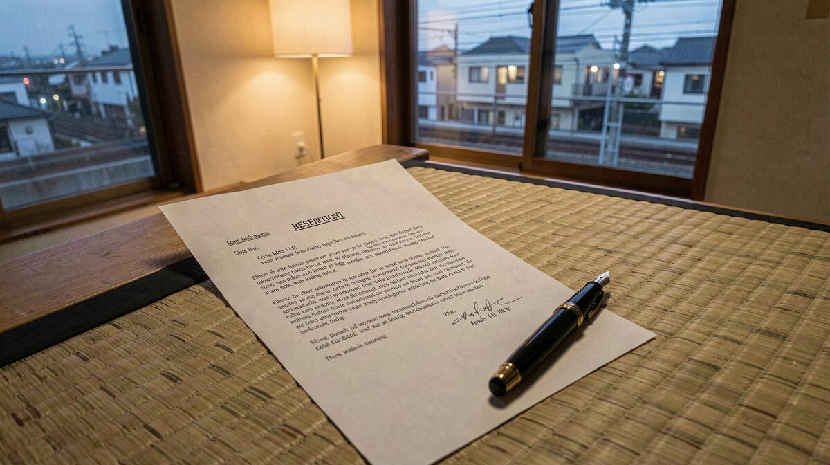 A printed one-page resignation letter and a fountain pen on a tatami desk in a Tokyo apartment at dusk, soft lamp light, window and train lines in the background, close overhead framing.