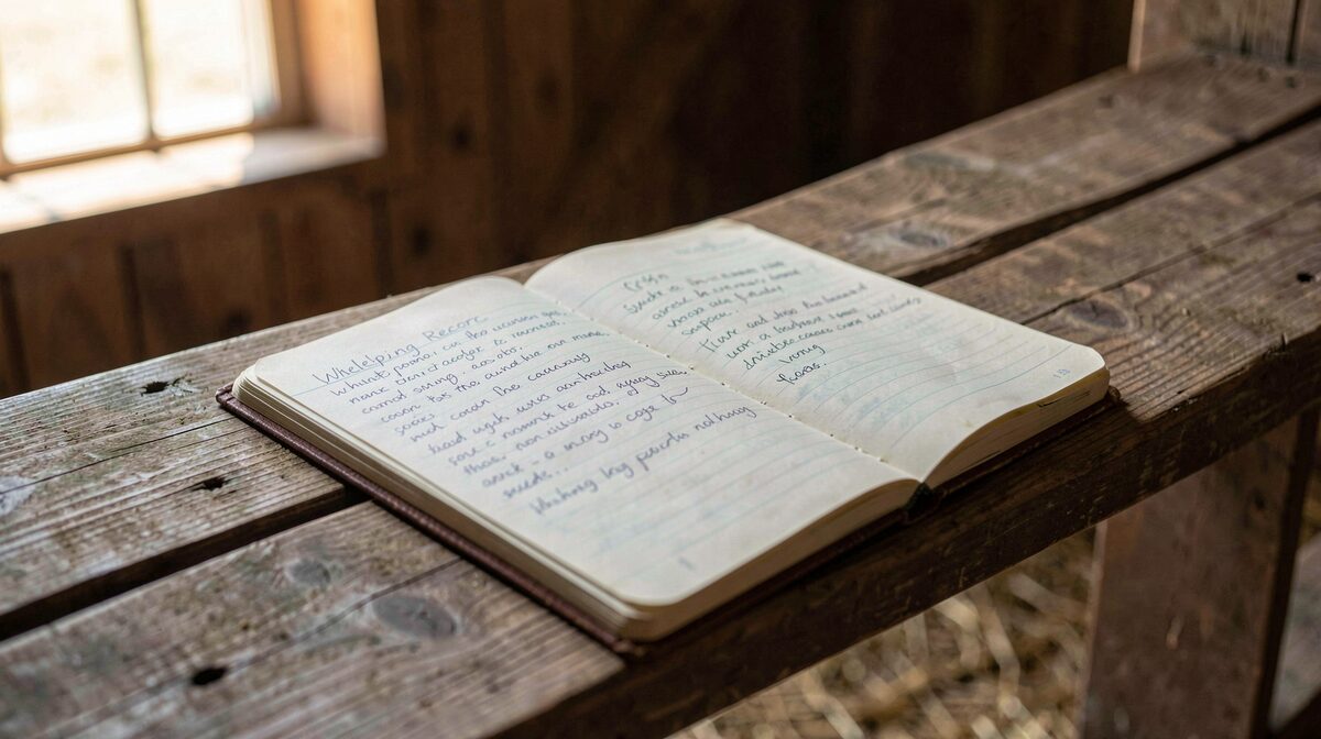 A handwritten whelping record notebook lying open on a wooden kennel bench, with soft morning light from a barn window falling across the pages.