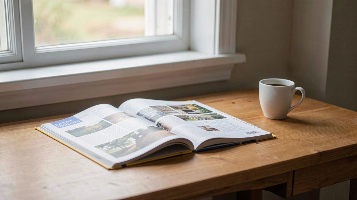 A quiet reading desk by a window with soft morning light, a printed magazine open beside a notebook and a cup of coffee, framed straight-on.