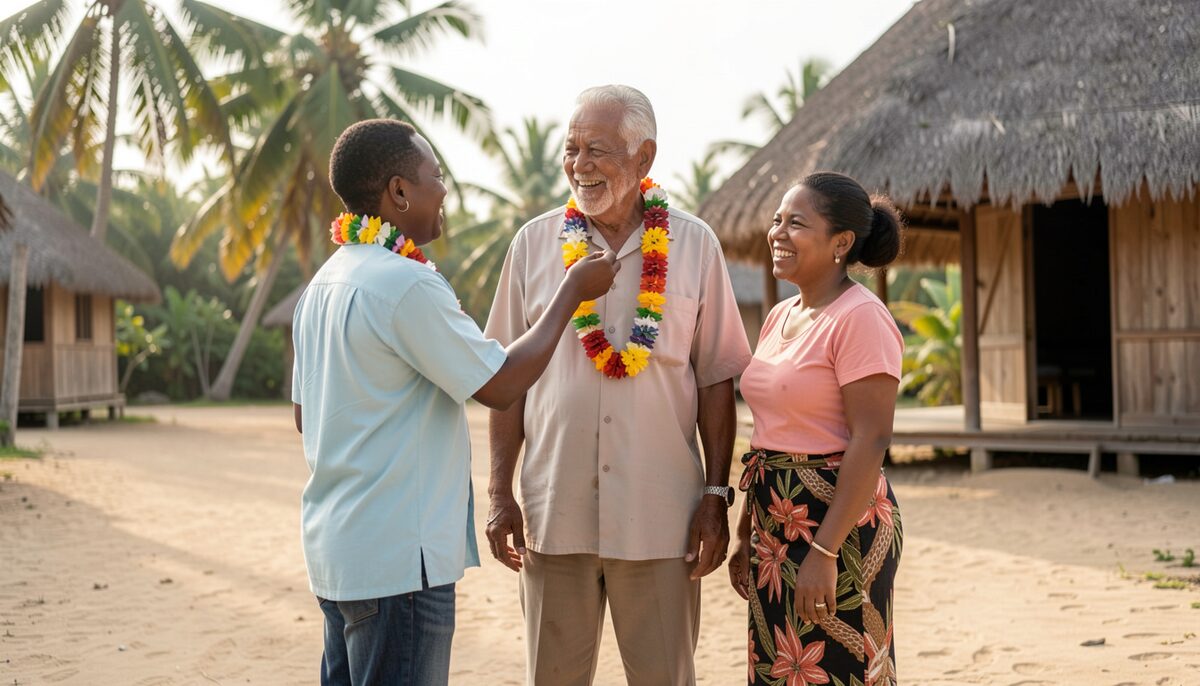 Two Pacific Islander women greet an older man at the top of a sandy path outside a village, one of them placing a flower lei around his neck, palm trees and a thatched roof behind them, morning light. Plain solid-colour clothing with no print, no lettering, no logo. No table, no paper, no sign in the frame.