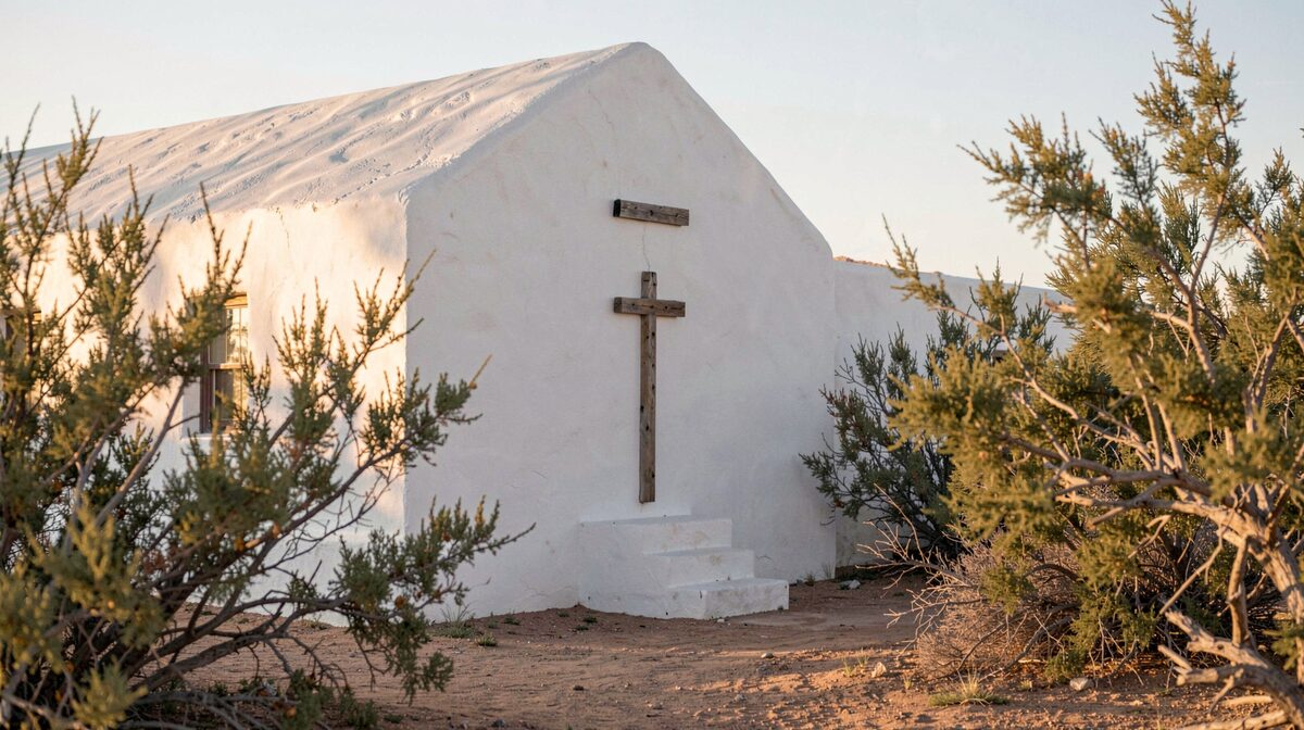 A whitewashed desert chapel wall with a wooden cross, late afternoon light, framed against creosote bushes at the edge of Anza-Borrego.