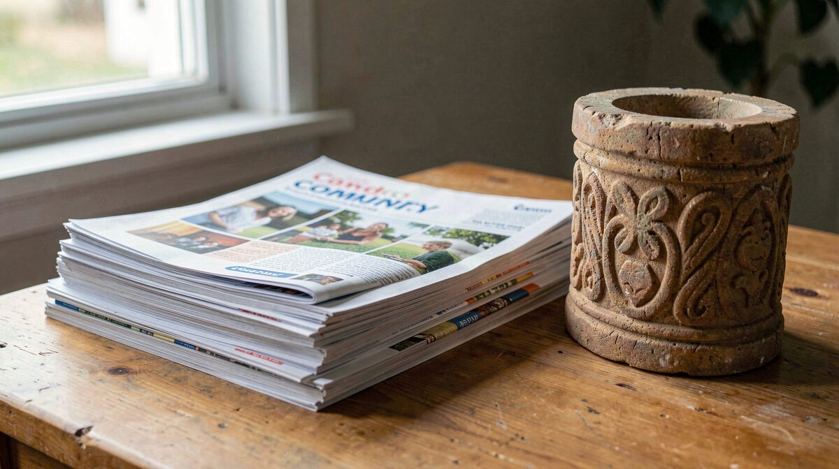 A stack of community newsletters on a wooden table beside a carved latte stone replica, morning light from a window at the left, close framing.