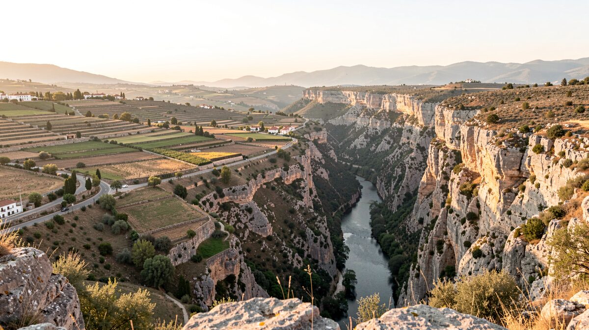 A limestone plateau landscape in inland Valencia at late afternoon, terraced fields and a river gorge in the frame, warm light, wide shot from a viewpoint.