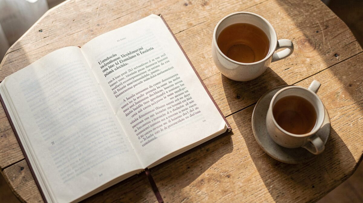 A sunlit reading table with an open notebook and a printed article in Italian beside a cup of tea, shot from above in soft afternoon light
