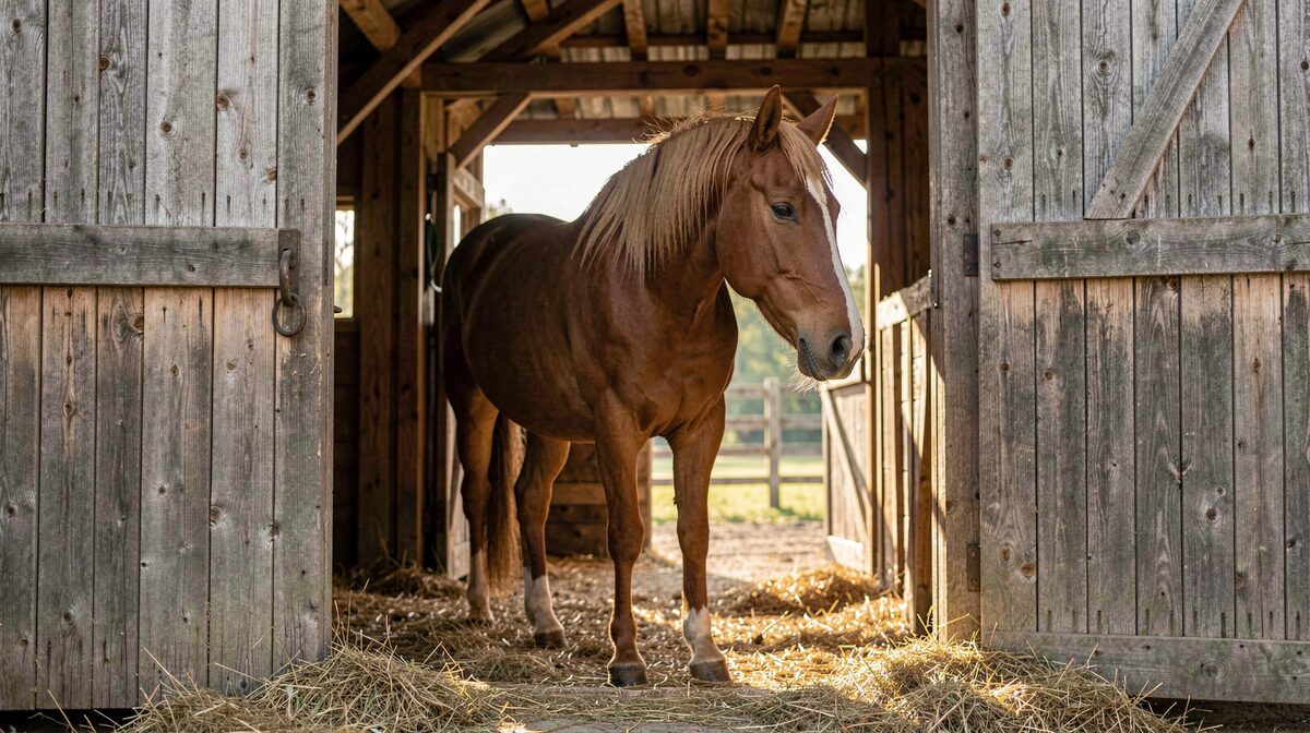 A calm horse standing in a shaded wooden stable doorway, morning light across straw, photographed from a low angle at eye level with the animal.