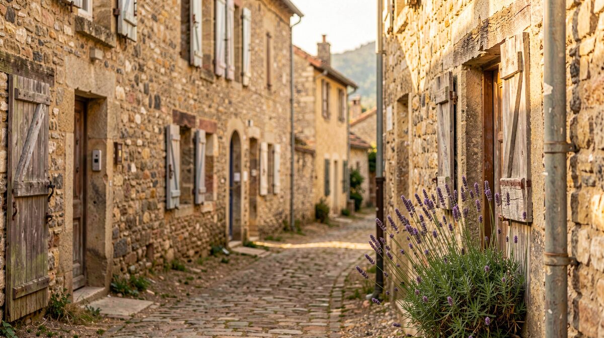 A stone village street in Aveyron, southern France, with old shuttered houses and a lavender plant at a doorway, photographed in warm late-afternoon light with a shallow depth of field.