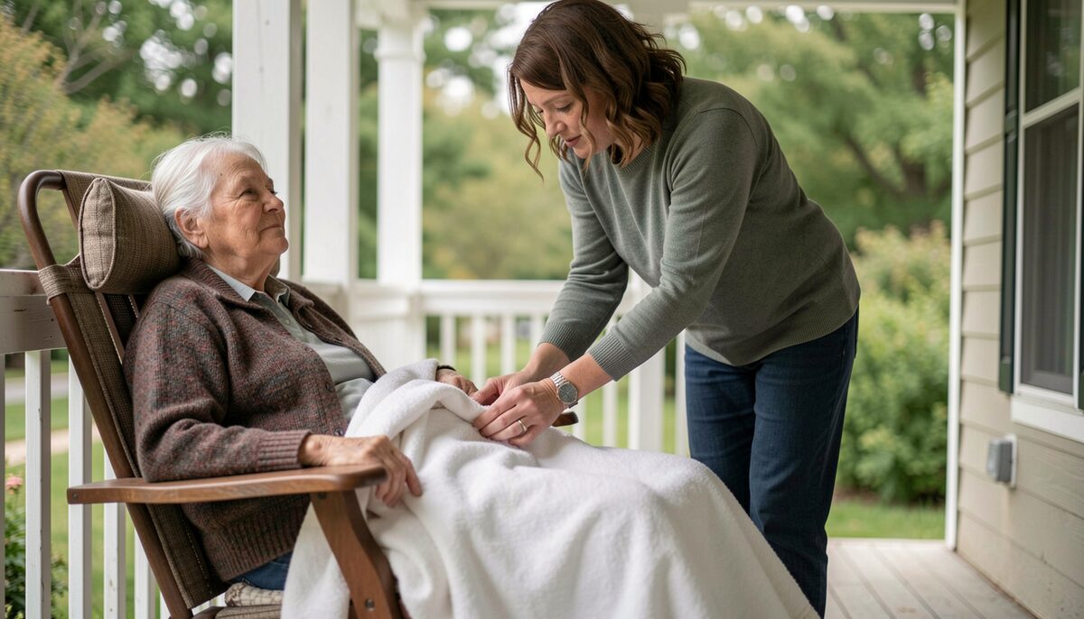 An elderly woman in a reclining chair on a covered porch, a middle-aged relative adjusting a light blanket over her knees.