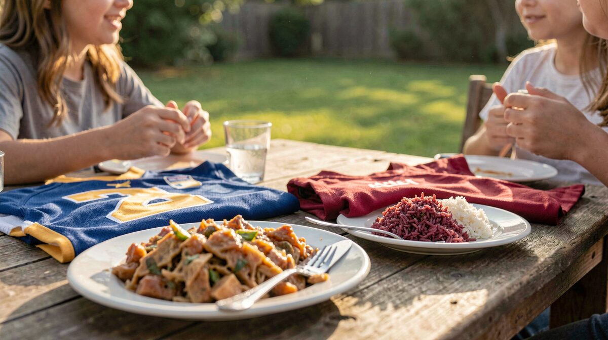 A folded football jersey on a family table beside a plate of kelaguen and red rice during a backyard gathering, late afternoon light, close-up framing.